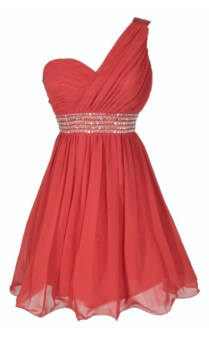 One Shoulder Embellished Chiffon Designer Dress in Red
